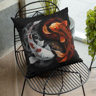 Koi Fish Taiji Circle Japanese Art Black And White Cushion