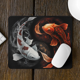 Koi Fish Taiji Circle Japanese Art Black And White Mouse Mat