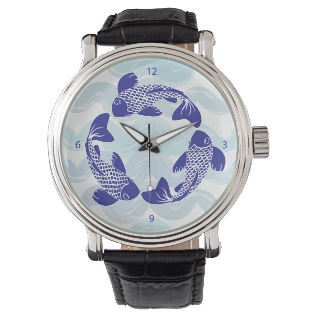 Koi Fish Watch Black Leather Strap (Front)