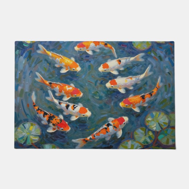 Koi Fish Water Lilies Impressionist Pond Doormat (Front)