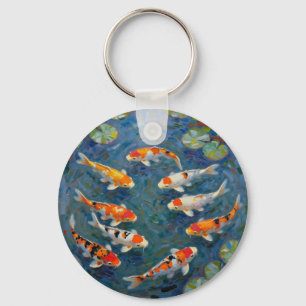 Koi Fish Water Lilies Impressionist Pond Key Ring