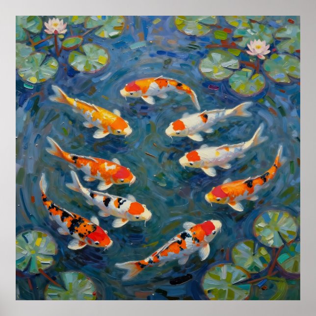 Koi Fish Water Lilies Impressionist Pond Poster (Front)