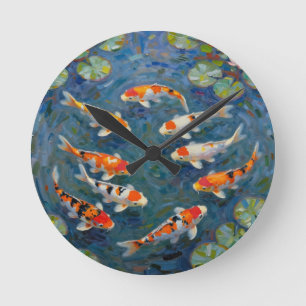 Koi Fish Water Lilies Impressionist Pond Round Clock