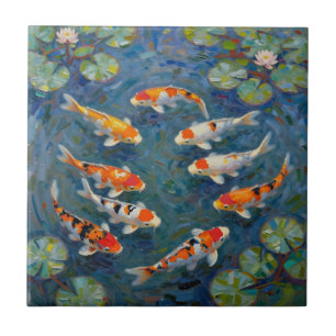 Koi Fish Water Lilies Impressionist Pond Tile