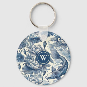 Koi Fish Water Lily Blue Chinoiserie Toile Initial Key Ring