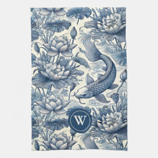 Koi Fish Water Lily Blue Chinoiserie Toile Initial Tea Towel