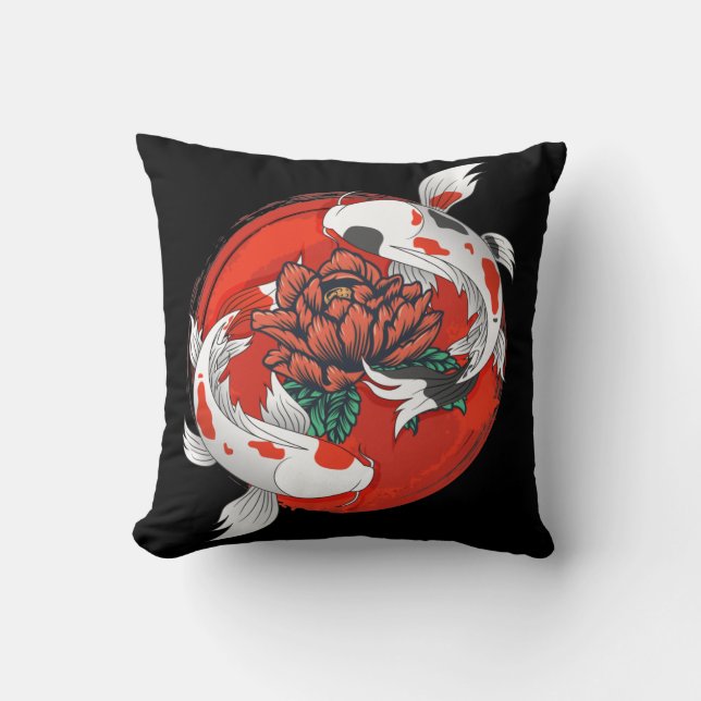 Koi Fish Water Lily Japanese Art Cushion (Front)