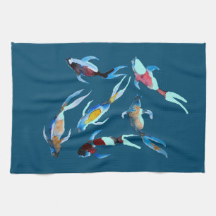 koi Fish watercolor Japanese art Tea Towel