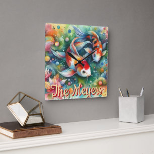 Koi Fish Whimsical Watercolor Orange Personalised Square Wall Clock