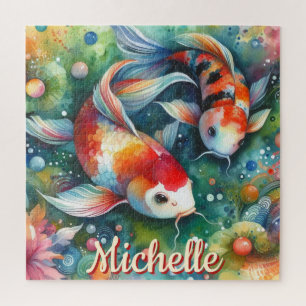 Koi Fish Whimsical Watercolor Personalised Jigsaw Puzzle