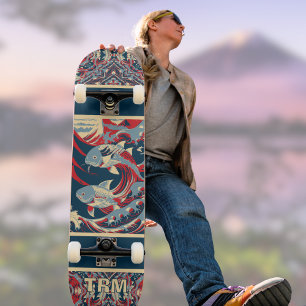 Koi Fish with Red Blue Crazy Pattern Monogram Skateboard