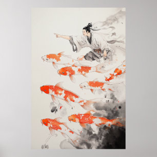 Koi Fishes Chinese Drawing Poster