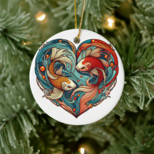 Koi Harmony: Heart-Shaped Christmas Ceramic Tree Decoration