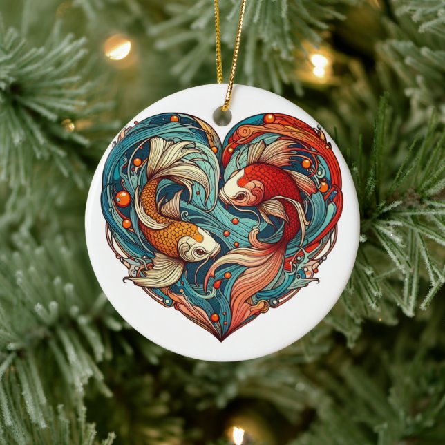 Koi Harmony: Heart-Shaped Christmas Ceramic Tree Decoration (Tree)