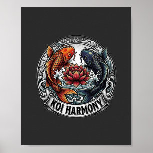 Koi Harmony Orange Black Fish Lotus Art Poster