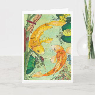 Koi In A Pond Folded Blank Card by Heather T.