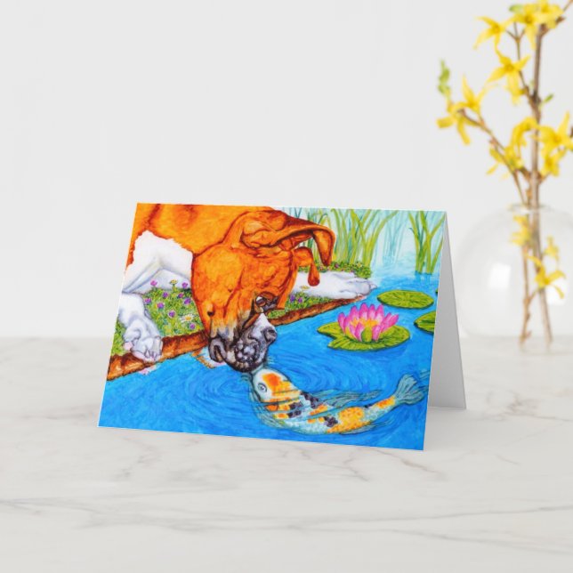 Koi Kiss Boxer Dog Illustration  Card (Yellow Flower)