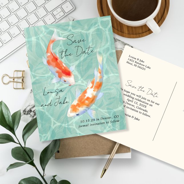 Koi Pair Tropical Save the Date Postcard (Creator Uploaded)