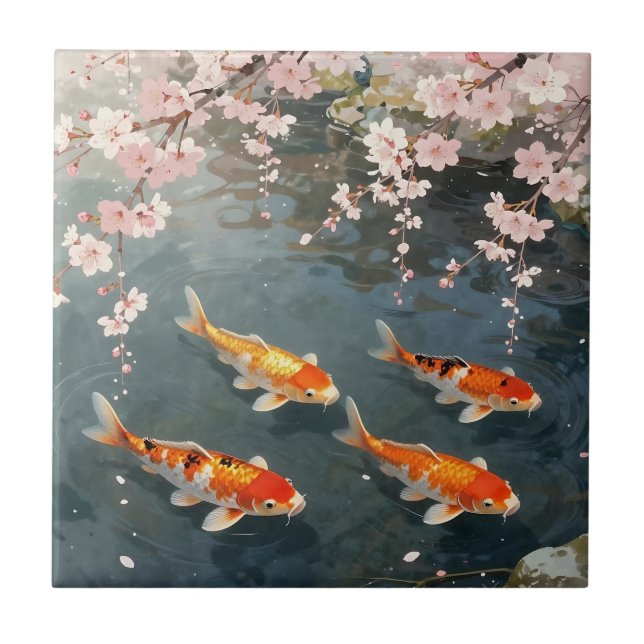 Koi Pond Cherry Blossom Serenity Tile (Front)