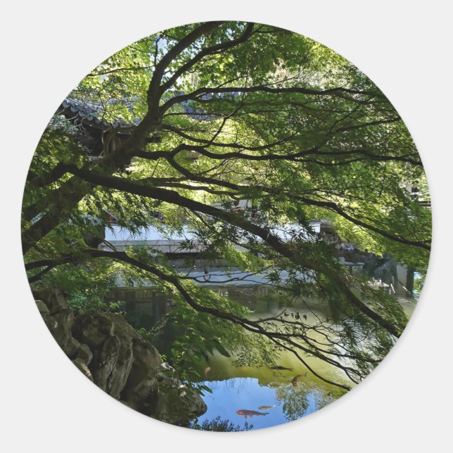Koi Pond in Chinese Garden Classic Round Sticker (Front)