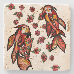 Koi pond red floral roses koi nature lovers stone coaster