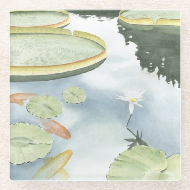 Koi Pond Reflection with Fish and Lilies Glass Coaster (Front)