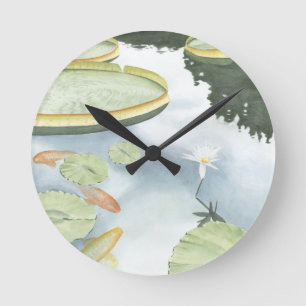 Koi Pond Reflection with Fish and Lilies Round Clock
