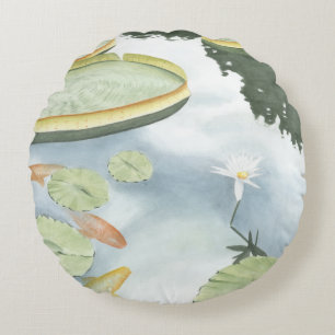 Koi Pond Reflection with Fish and Lilies Round Cushion