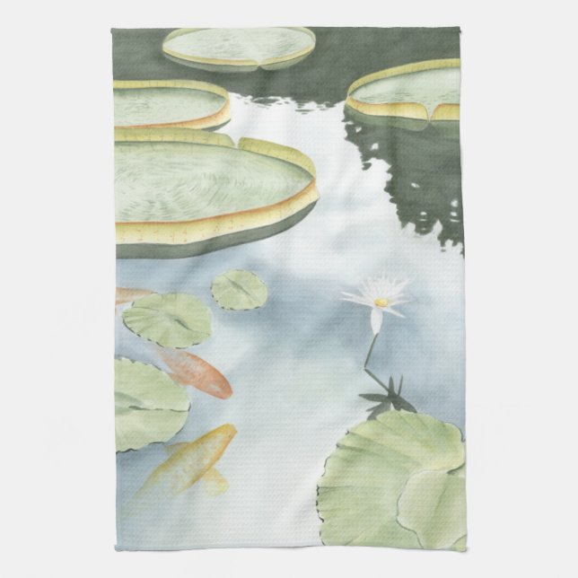 Koi Pond Reflection with Fish and Lilies Tea Towel (Vertical)