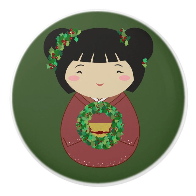 Kokeshi Christmas Wreath Ceramic Knob (Front)
