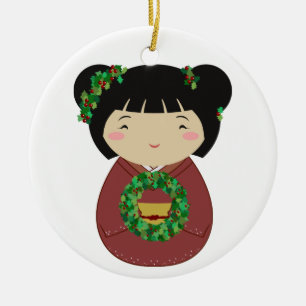 Kokeshi Christmas Wreath Ceramic Tree Decoration