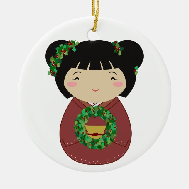 Kokeshi Christmas Wreath Ceramic Tree Decoration (Front)
