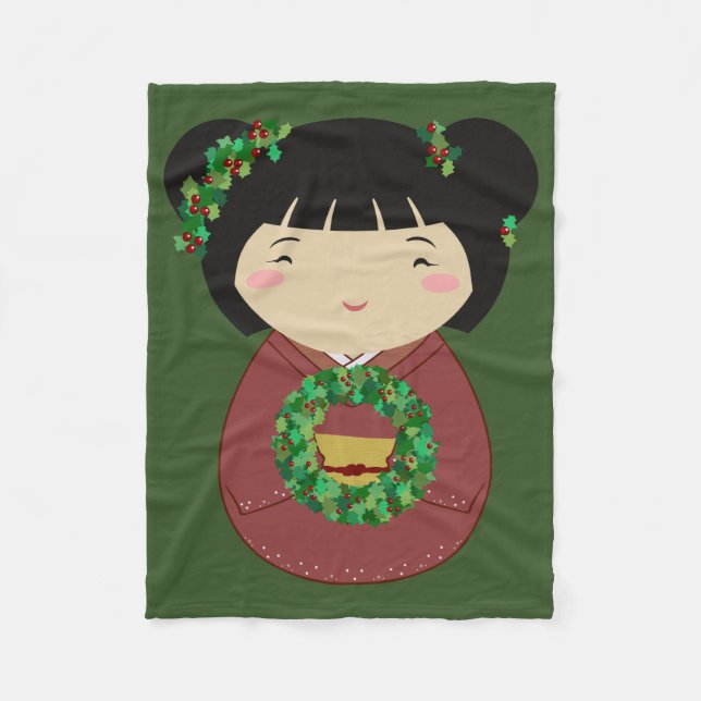 Kokeshi Christmas Wreath Fleece Blanket (Front)
