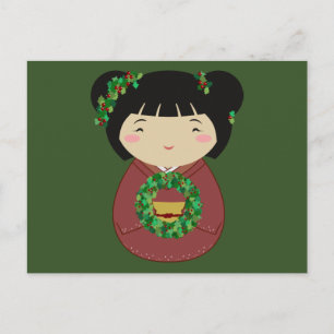 Kokeshi Christmas Wreath Holiday Postcard