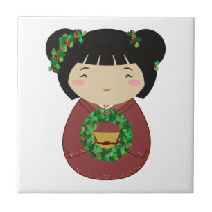Kokeshi Christmas Wreath Tile