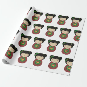 Kokeshi Christmas Wreath Wrapping Paper