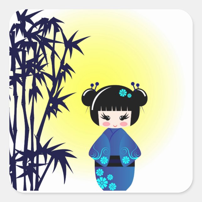 Kokeshi doll and bamboo square sticker (Front)