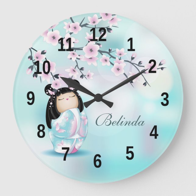 Kokeshi Doll and Cherry Blossoms Turquoise  Large  Large Clock (Front)