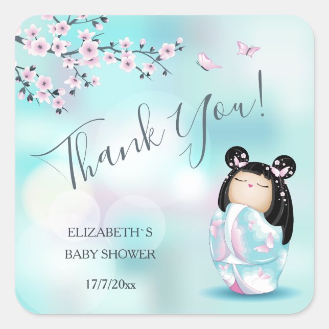 Kokeshi Doll Baby Shower Thank You Square Sticker (Front)