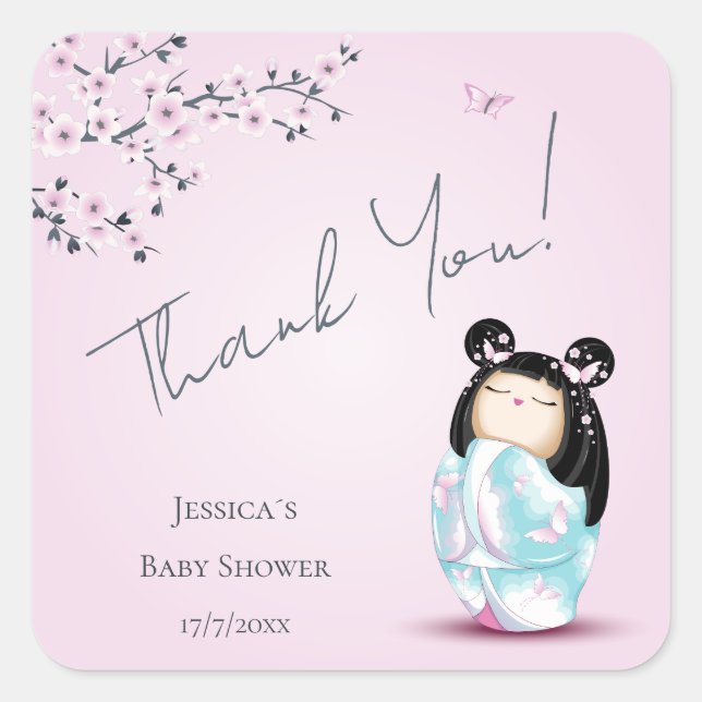Kokeshi Doll Baby Shower Thank You Square Sticker (Front)