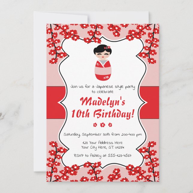 Kokeshi Doll Birthday Invitation | Japanese Style (Front)