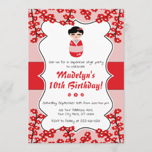 Kokeshi Doll Birthday Invitation Japanese Style