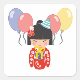 Kokeshi Doll Birthday Party Square Sticker