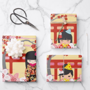 Kokeshi Doll Birthday Wrapping Paper Sheet