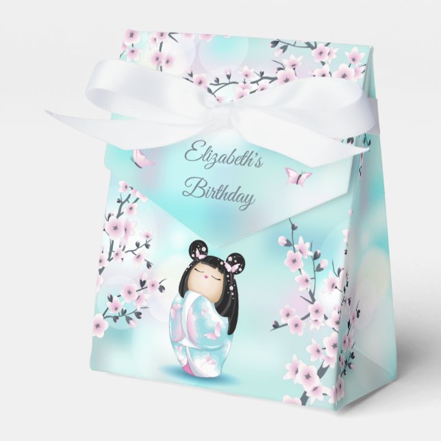 Kokeshi Doll Cherry Blossom Custom Birthday Favour Box (Front Side)