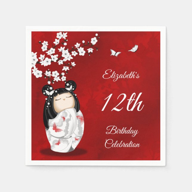 Kokeshi Doll Cherry Blossom | Girl´s Birthday Napk Napkin (Front)