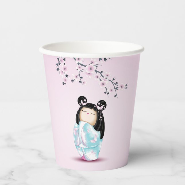 Kokeshi Doll Cherry Blossom | Girl´s Birthday Paper Cups (Front)
