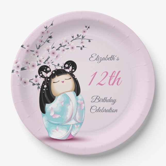 Kokeshi Doll Cherry Blossom | Girl´s Birthday  Paper Plate (Front)