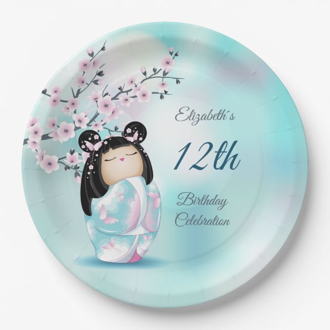 Kokeshi Doll Cherry Blossom | Girl´s Birthday  Paper Plate (Front)
