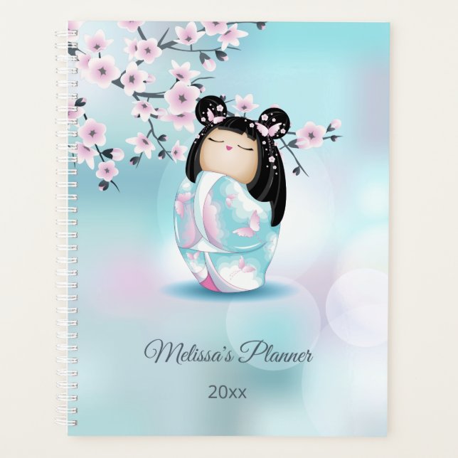 Kokeshi Doll Cherry Blossom Pink Turquoise Name Planner (Front)